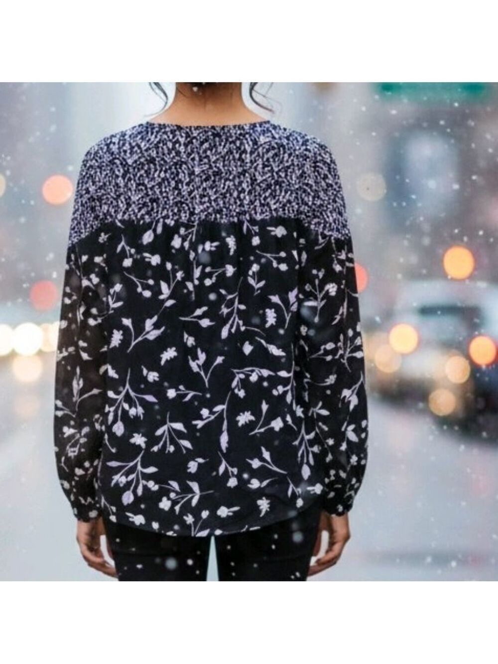 Lucky Brand Black White Floral Blouse Large #BL22 - Picture 3 of 10